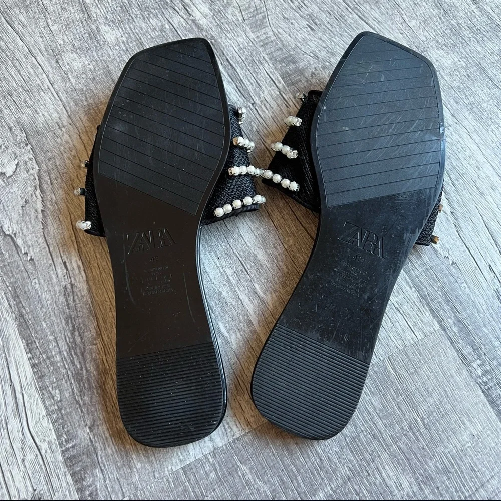 Zara Pearl Mesh Slide Sandals Black Rhinestone Flats Size 42 - Picture 4 of 10